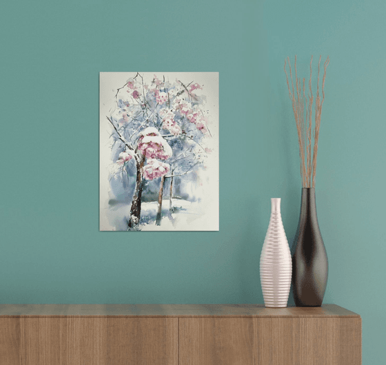 Pink Cherry Blossoms Snow Landscape