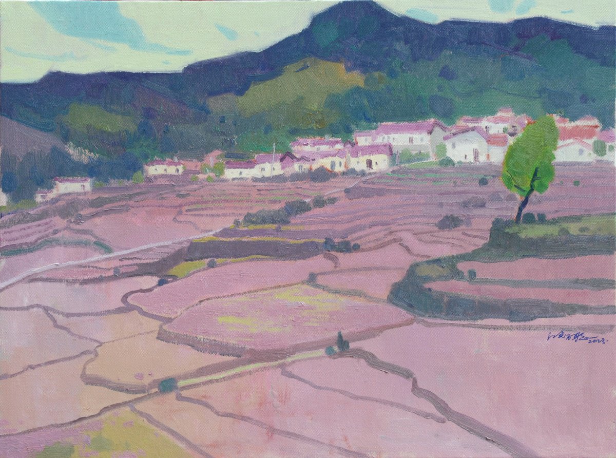 Landscape oil painting:Farms in front the Chinese rural village 109 by jianzhe chon