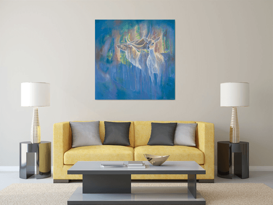 Divine Monarchs in Blue, large semi-abstract deer painting