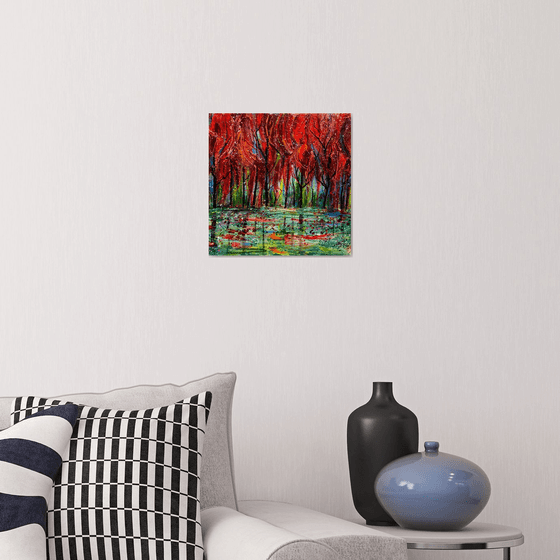 Red Trees  12"x12"x1" (Oil Painting with Palette Knife)