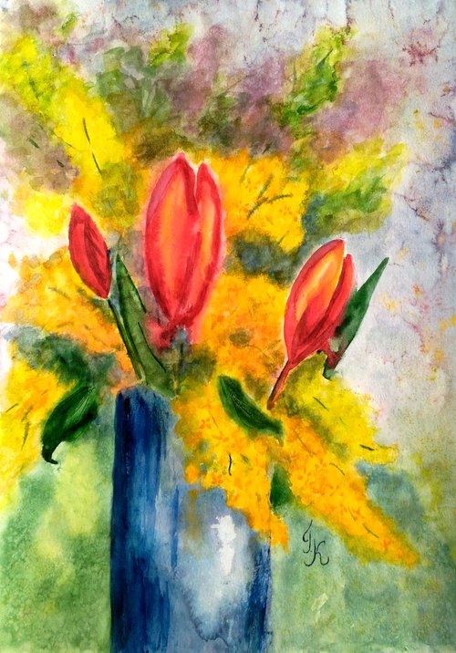 Tulips Painting Floral Original Art Mimosa Watercolor Flowers Artwork Still Life Small Wall Art 12 by 17" by Halyna Kirichenko by Halyna Kirichenko