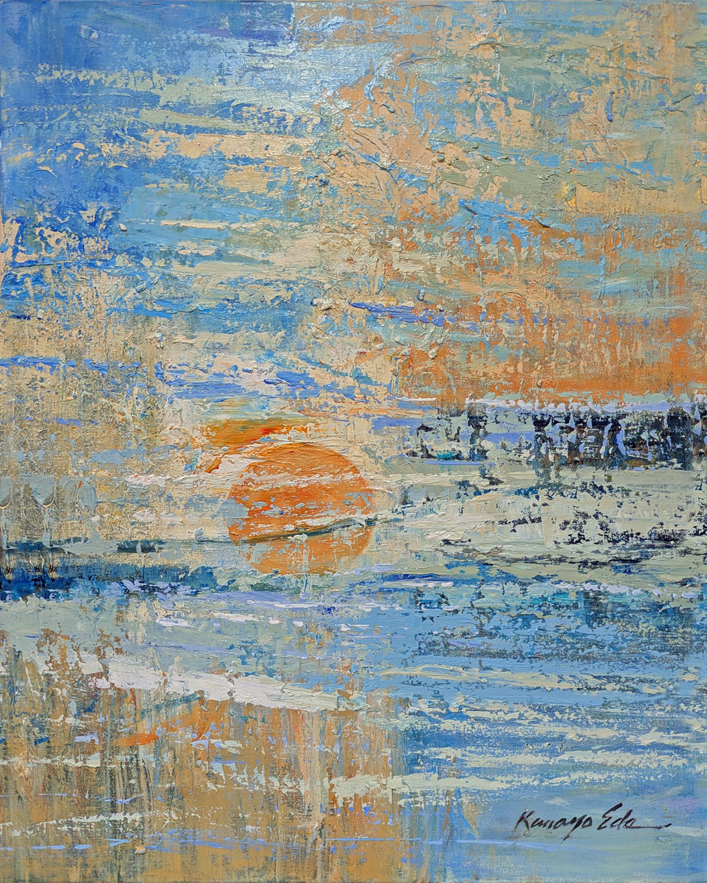 Impressionistic Abstract Acrylic Painting By Kanayo Ede, 24 X 30", Orange Sunset, Original Artwork