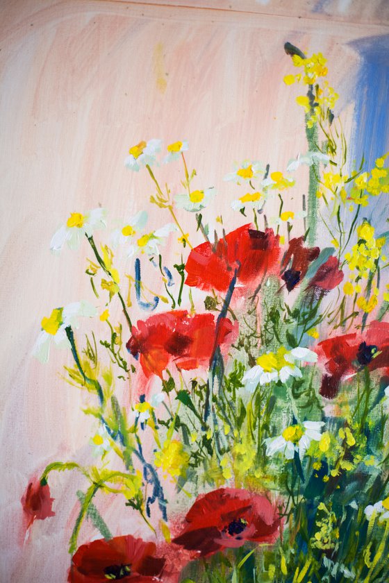 Poppies and camomiles. Summer bouquet in a studio. Bright colors medium size interior abstract flowers red yellow tender