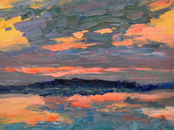 Sunset art, Landscape painting, Riverscape, Oil Painting Original, Nature, One of a kind, Wall art home decor, Impressionist art