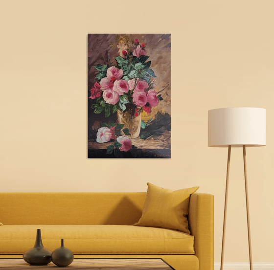 Still life pink roses (60x90cm, oil painting, ready to hang)