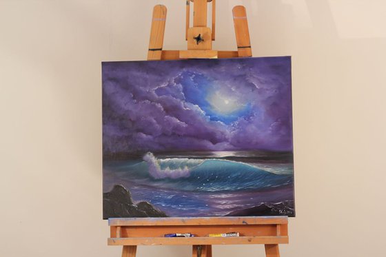The Color of the Night, Ocean Wave Painting, Seascape Oil Painting on Canvas, Night Ocean Art, Realistic Seascape
