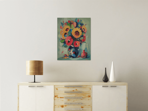 Still life with flowers and pomegranate (60x70cm, oil painting,  ready to hang)