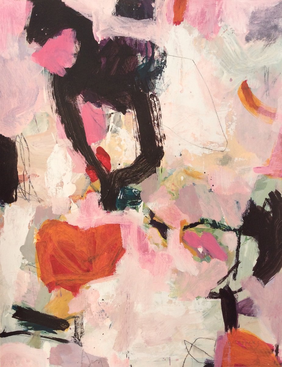 Expressive Abstract Acrylic Painting By Linda Coppens, 20 X 26", Swirling Dreams In Rosy Skies, Original Artwork