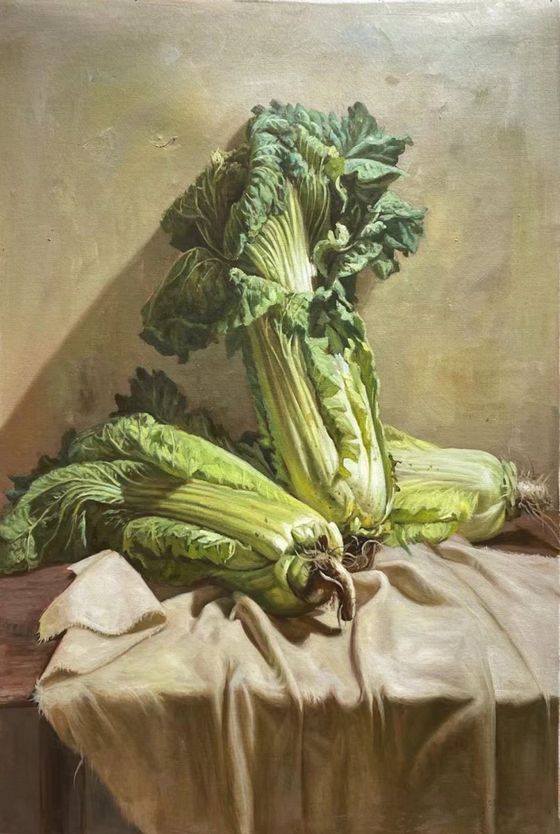 Photorealistic Still Life Oil Painting By Kunlong Wang, 24 X 35", Still Life:chinese Cabbages On The Wooden Desk C198, Artfinder