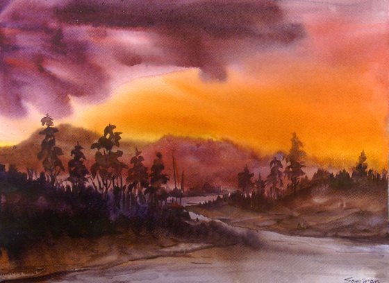Sunset Mountain Landscape - Watercolor on Paper