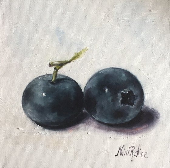Still Life Blueberries With Stem Original Oil Painting