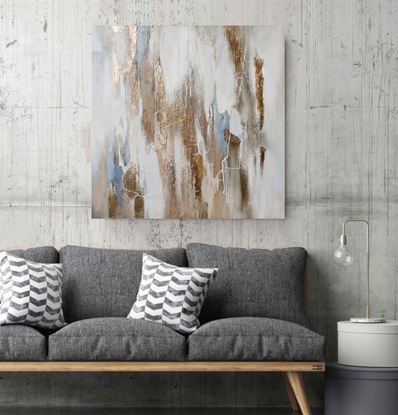 "Cascade 2" Abstract gold white acrylic art