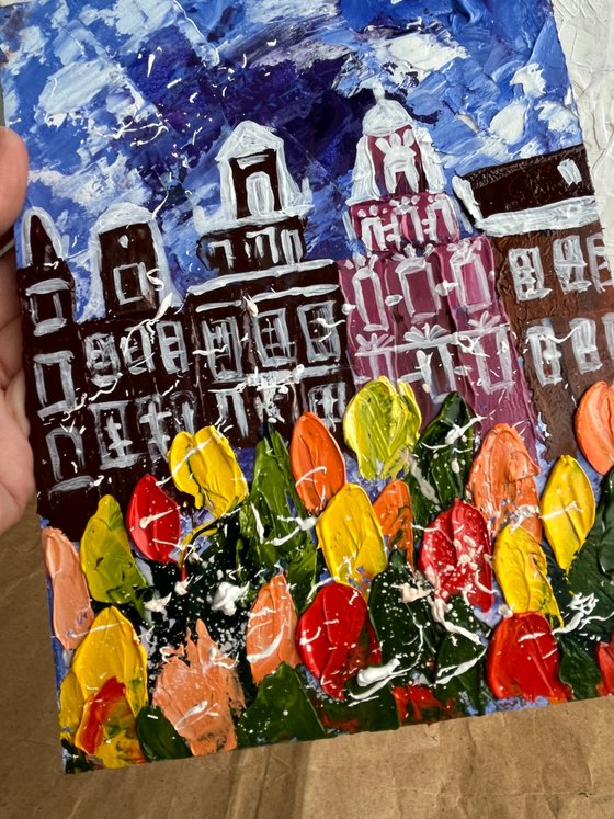 Amsterdam Painting Cityscape Original Art Tulips Impasto Artwork Floral Home Wall Art 6 by 8 by Halyna Kirichenko