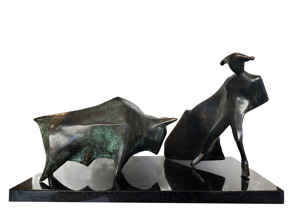 Expressive Animal Bronze Sculpture By Toth Kristof, 22 X 8", Bullfight, Original Artwork