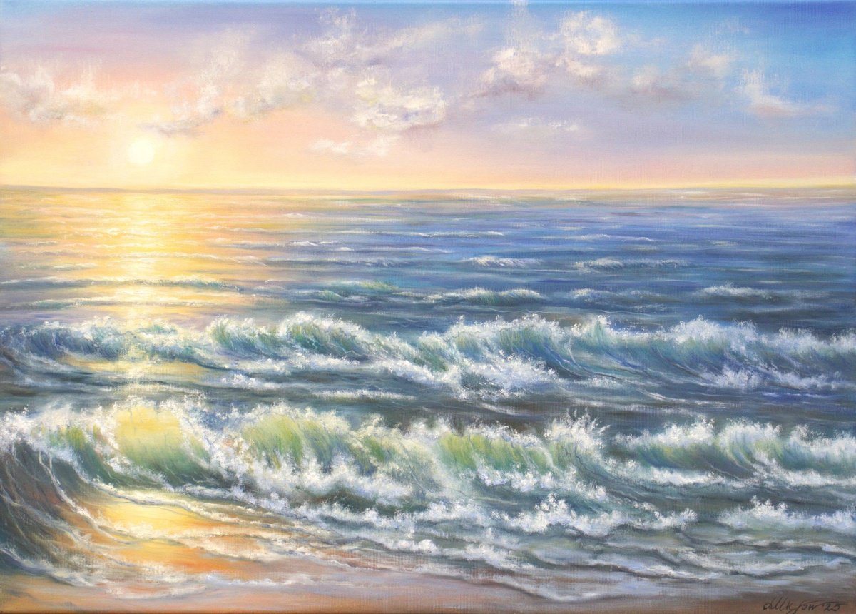 Expressive Landscape Oil Painting By Ludmilla Ukrow, 28 X 20", Ocean Sunset 2, Original Artwork