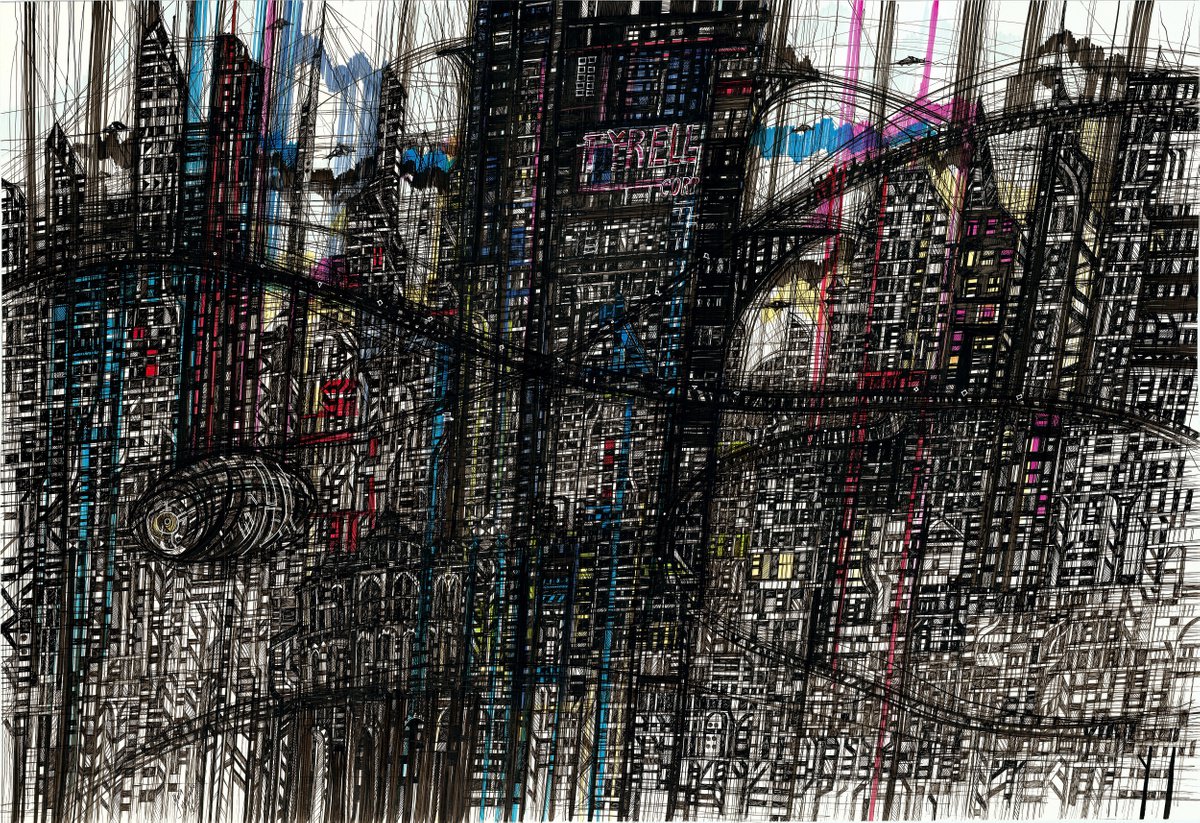 Impressionistic Cityscapes Drawing By Maria Susarenko, 39 X 28", Blade Runner City, Original Artwork
