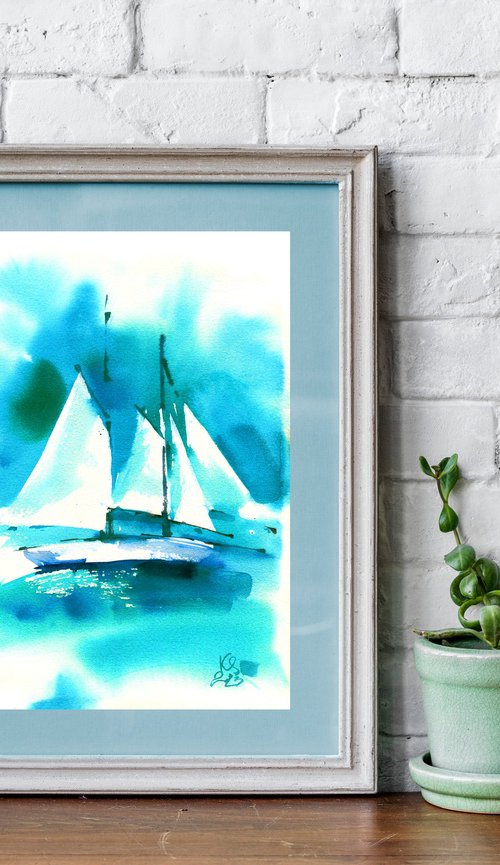 "White sailboat in the turquoise sea" abstract summer watercolor by Ksenia Selianko