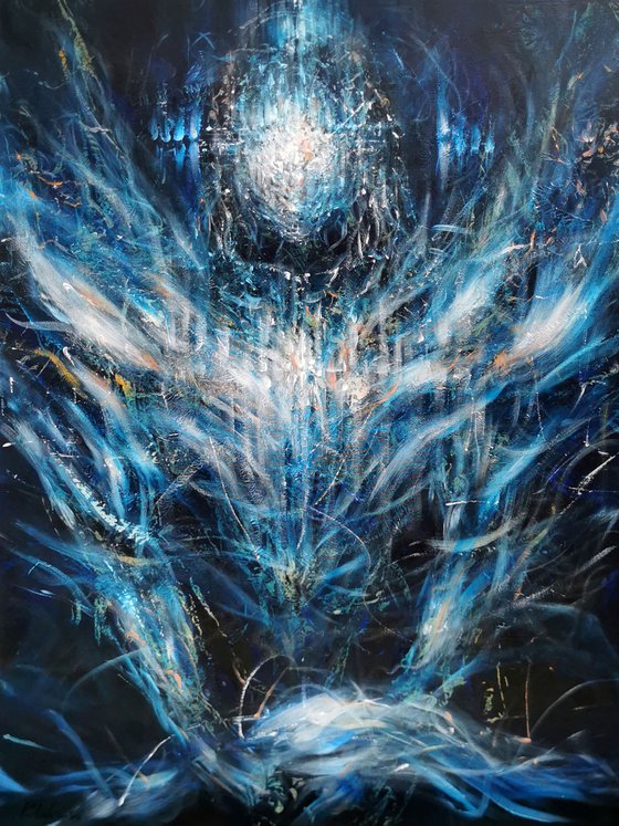 Large XXL enigmatic metaphysical dark blue abstract angel composition by master KLOSKA