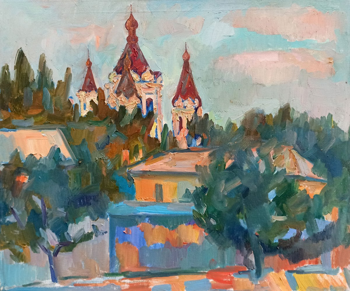 Impressionistic Landscape Oil Painting By Peter Tovpev, 25 X 22", City Landscape, Original Artwork