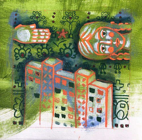 “Modernism. Pozniaky, Kyiv” small painting with architecture by Yuliia Chaika