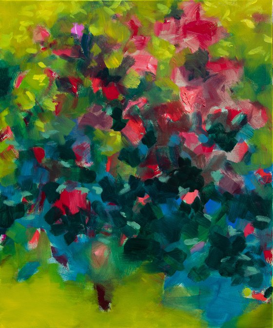 Abstract floral in summer - Oil painting in yellow, green and red - flowers bouquet - garden Modern abstraction nature evocation interpretation