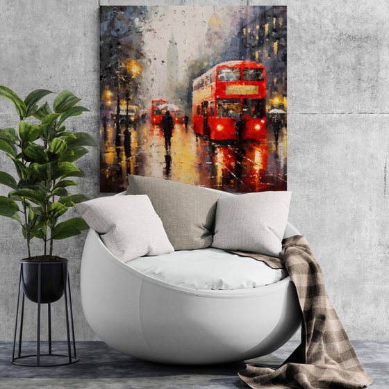 Rainy evening in London. Urban cityscene impressionistic landscape art. Large wall home decor. Art Gift