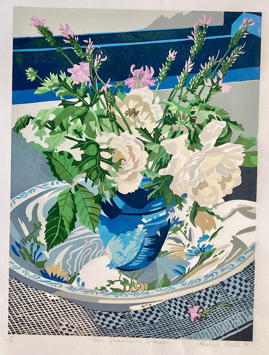 Botanical Linocut By Rosalind Forster, 15 X 20", Roses Geraniums And Lavender, Original Artwork
