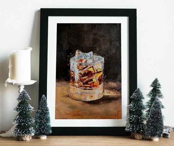 Glass of whiskey, Bourbon Painting Original Art Whiskey Ice Wall Art Cocktail Artwork