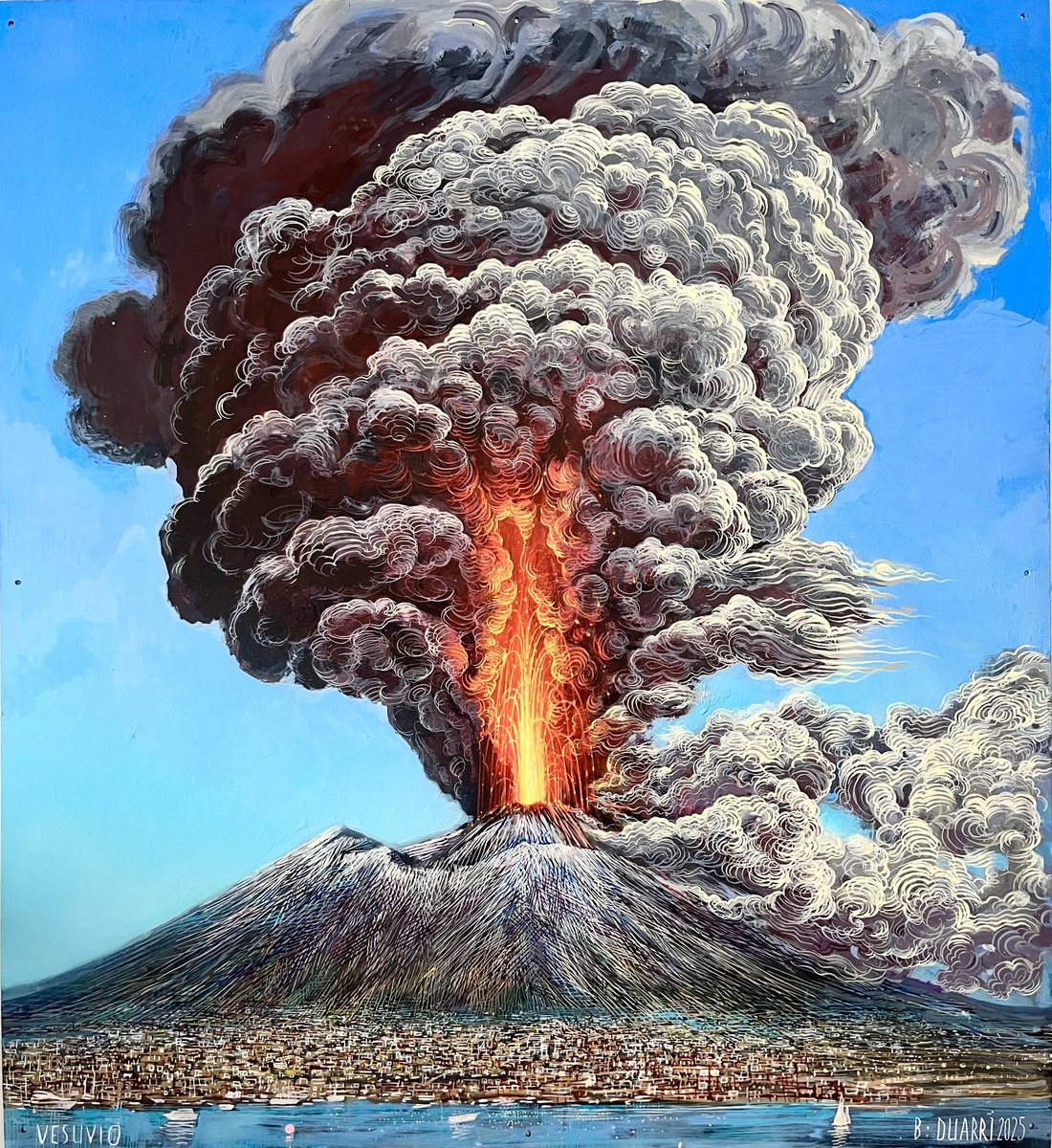 Urban And Pop Landscape Acrylic Painting By Benjamin Duarri, 39 X 47, Vesuvio (2025), Original Artwork