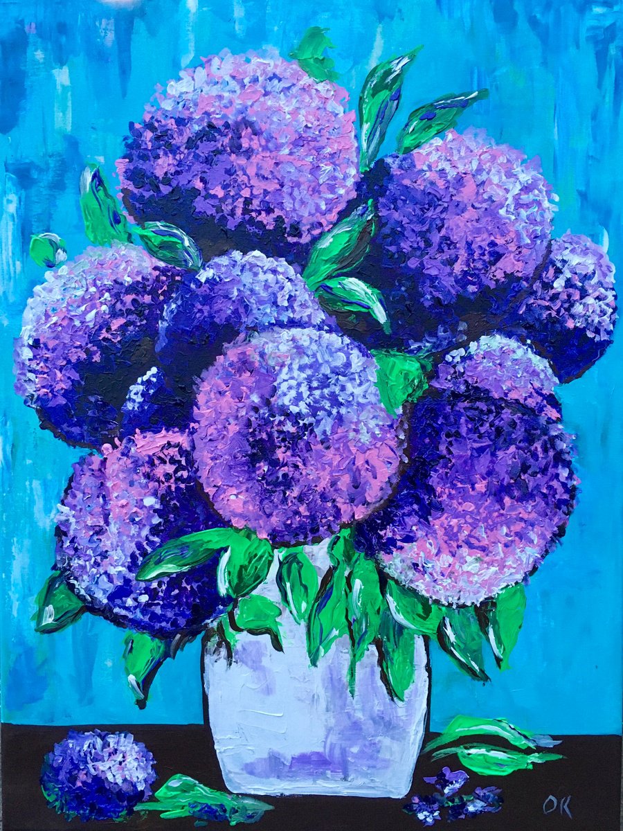BOUQUET OF Purple hydrangea on turquoise in a white vase palette knife Original Acrylic p... by Olga Koval