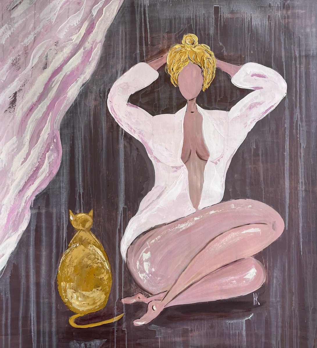  Woman Cat Painting By Halyna Kirichenko, 35 X 39, Artwork For Sale On Artfinder