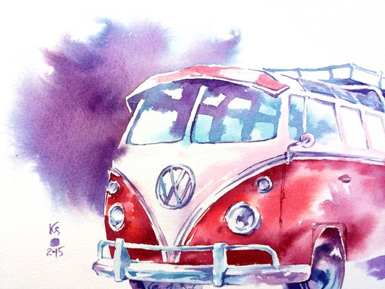 Watercolor sketch "Retro car" original illustration