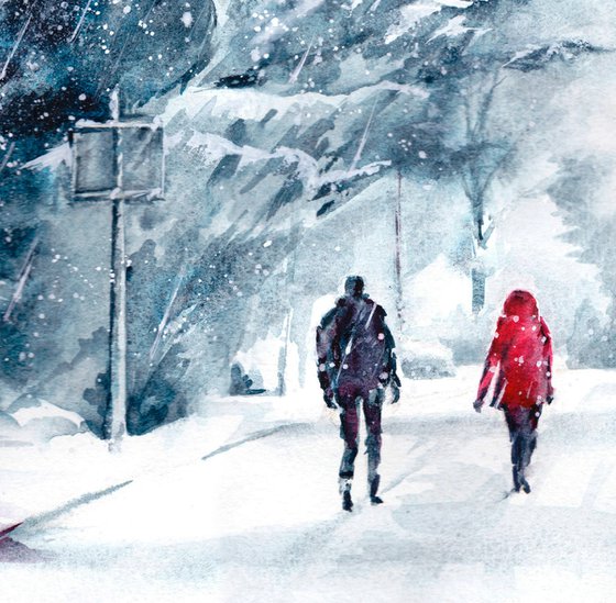 Stroll in the snow, original watercolour painting of a couple in snow