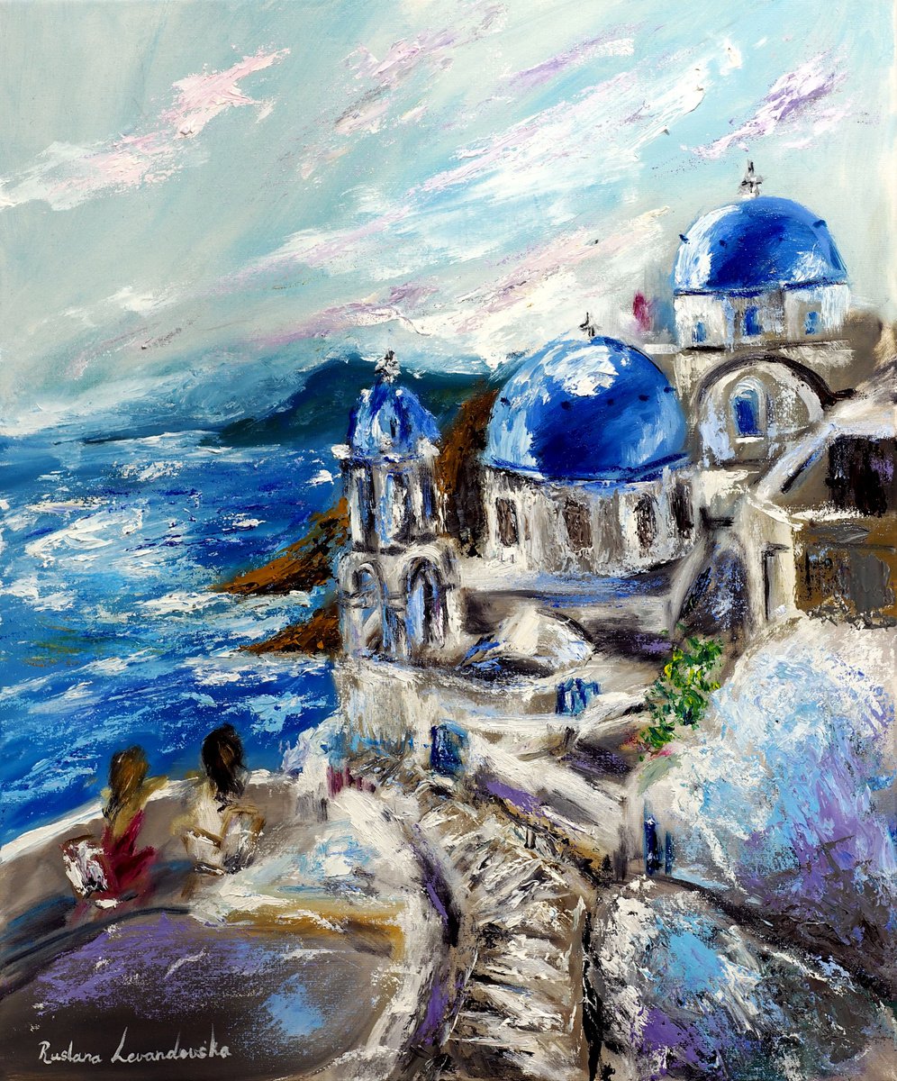 Impressionistic Cityscapes Oil Painting By Ruslana Levandovska, 20 X 24", Santorini, Greece, Original Artwork