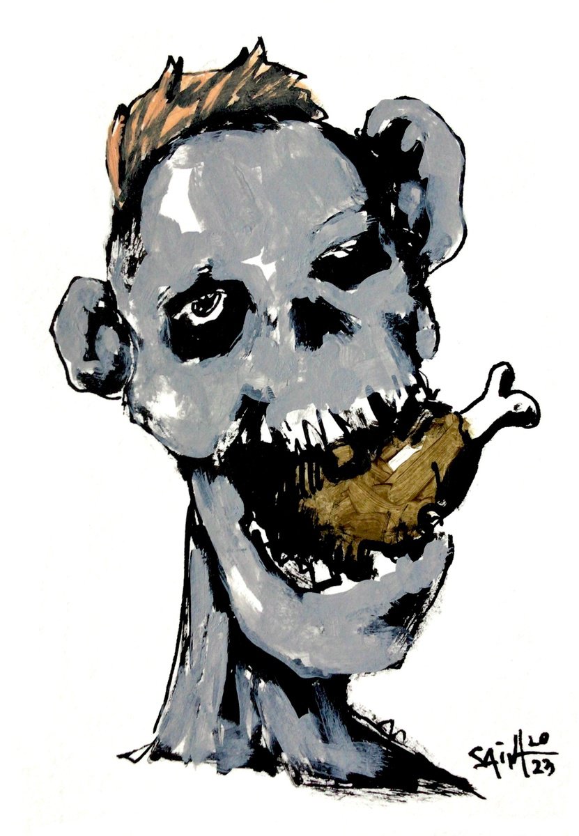 #157 Zombie portrait small painting original art, Horror Naive Outsider Folk Art Brut Stra... by Ruslan Aksenov