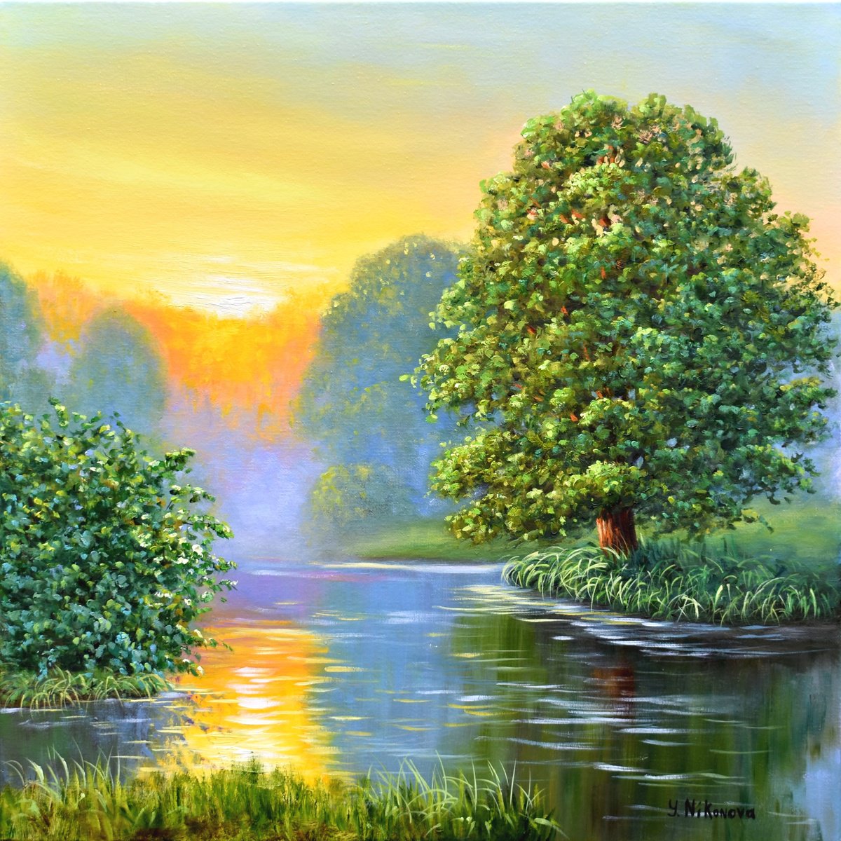 Impressionistic Landscape Oil Painting By Yulia Nikonova, 20 X 20", Lilac Mist, Original Artwork