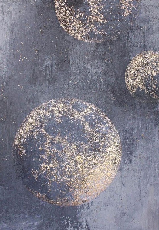 "Golden Planets" Abstract space acrylic art