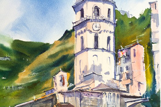 Vernazza. View of the tower and old town. Big format watercolor urban landscape Mediterranean italy sea bright architecture