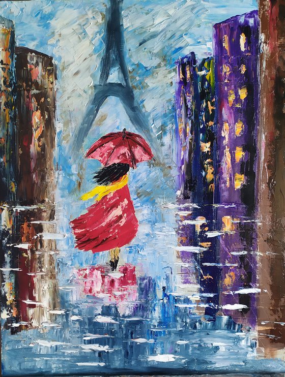 Walking in the rain, original girl umbrella Paris oil painting, gift idea