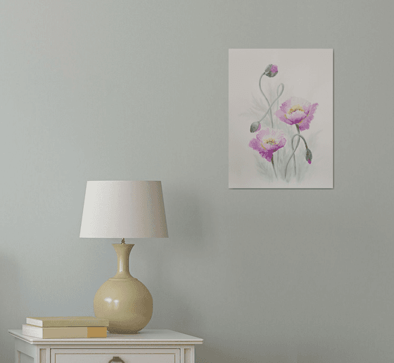 Pink poppies. Framed. Summer poppies watercolor painting