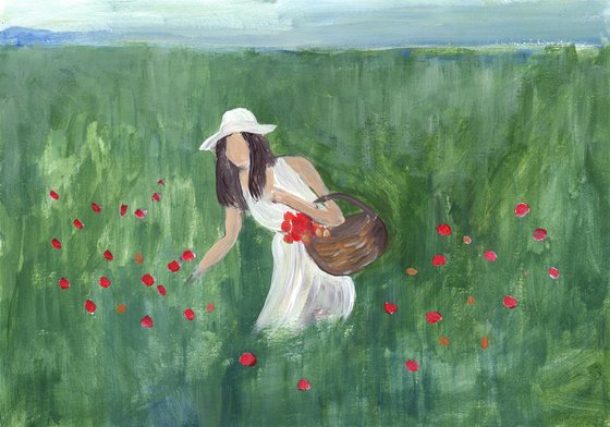 Woman in white picking flowers