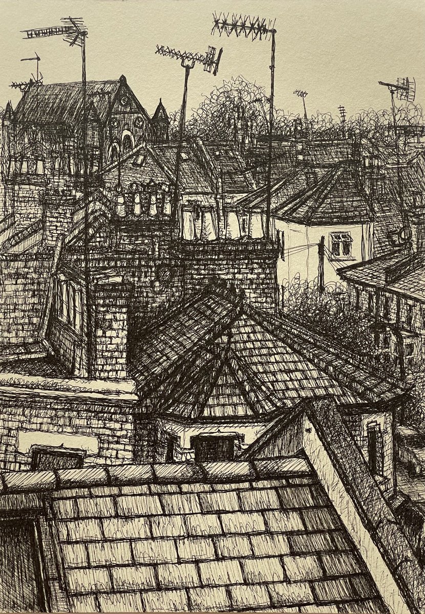 Expressive Cityscapes Ink Drawing By David Lloyd, 7 X 10, Brackenbury Village Aerials, Original Artwork