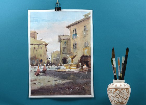 Rural Italian Watercolor Landscape