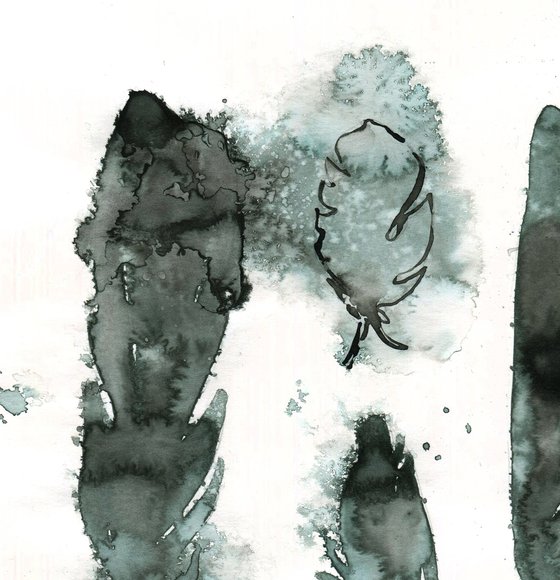 "Four bird feathers" abstract composition in ink monochrome gray-blue-green tones