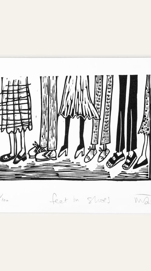 Feet in Shoes - lino cut print by Melanie Wickham