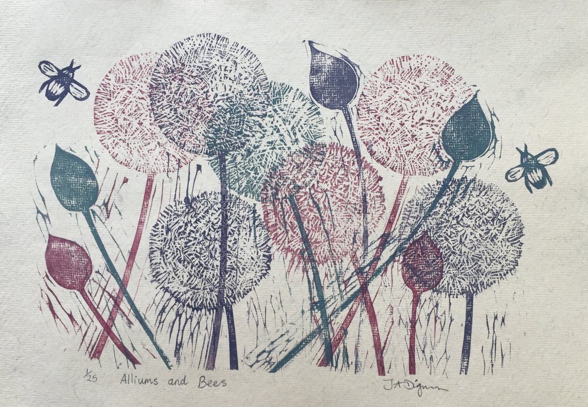 Unique Handmade Linocut. Alliums and Bees. by Jane Dignum