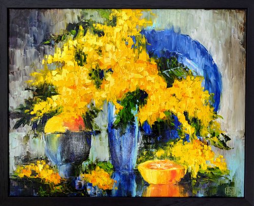 Mimosa - palette knife painting still life - framed by Liudmila Pisliakova