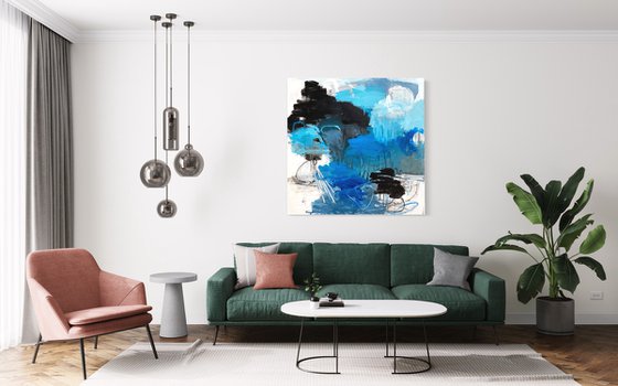 Blue on Black - playful bold whimsical abstract blue, black and white painting