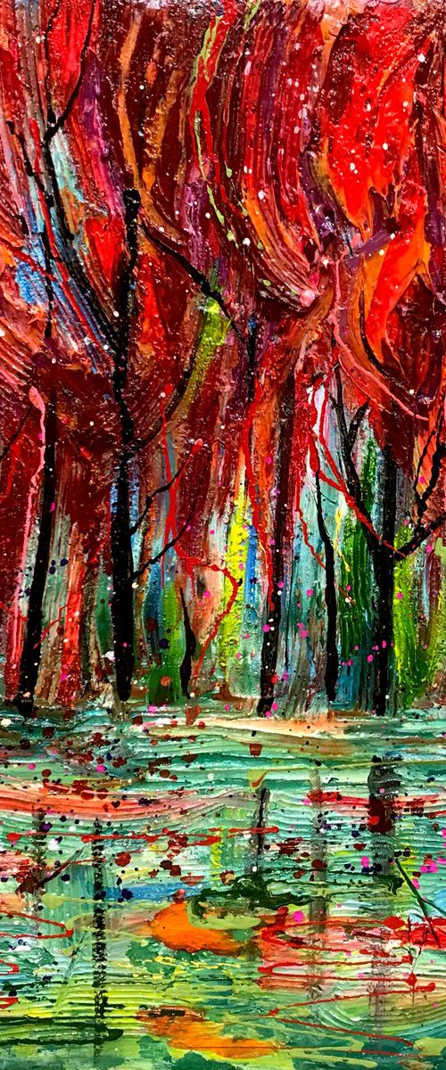 Red Trees  12"x12"x1" (Oil Painting with Palette Knife) by Lena Owens at OLena Art