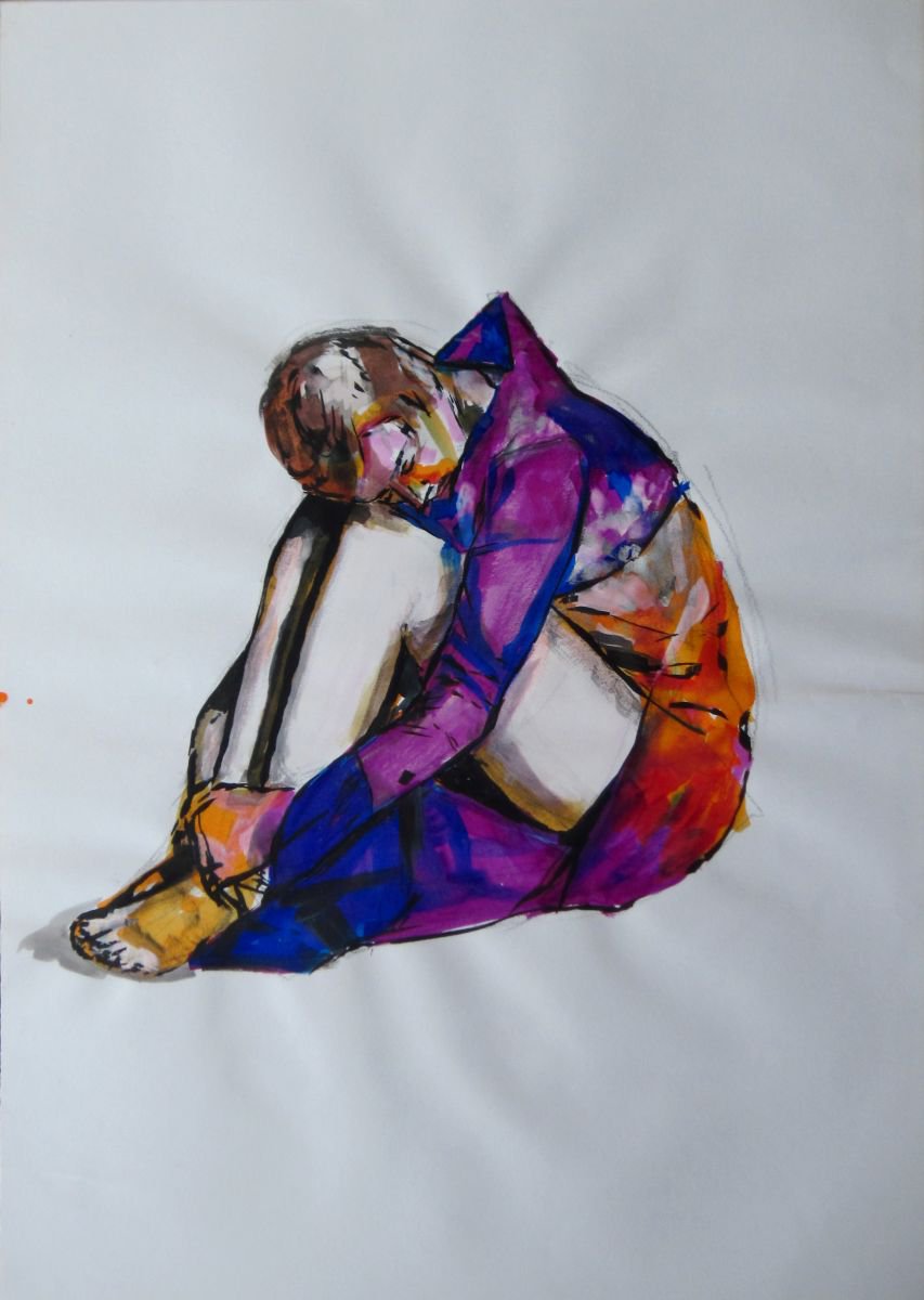 Expressive Portrait Ink Drawing By Aleksandar Basic, 17 X 23, Woman In Purple, Original Artwork